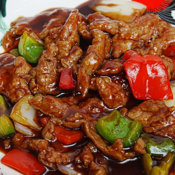Fulin's Asian Cuisine's beef with bell peppers and onions in a rich brown sauce.