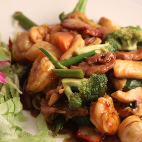 Fulin's Asian Cuisine's Chinese dish with shrimp, beef, broccoli, mushrooms, and other vegetables.